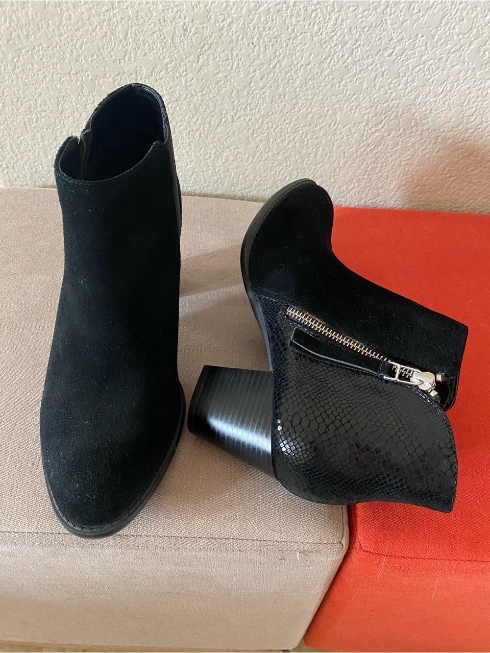 Vionic Black Suede & Faux-Snakeskin Ankle Booties with Side Zip